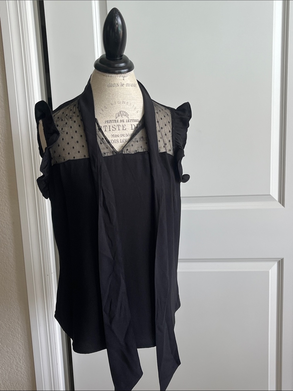 NWT New York & Co black tank polkadot, mesh, ruffles and scarf size medium